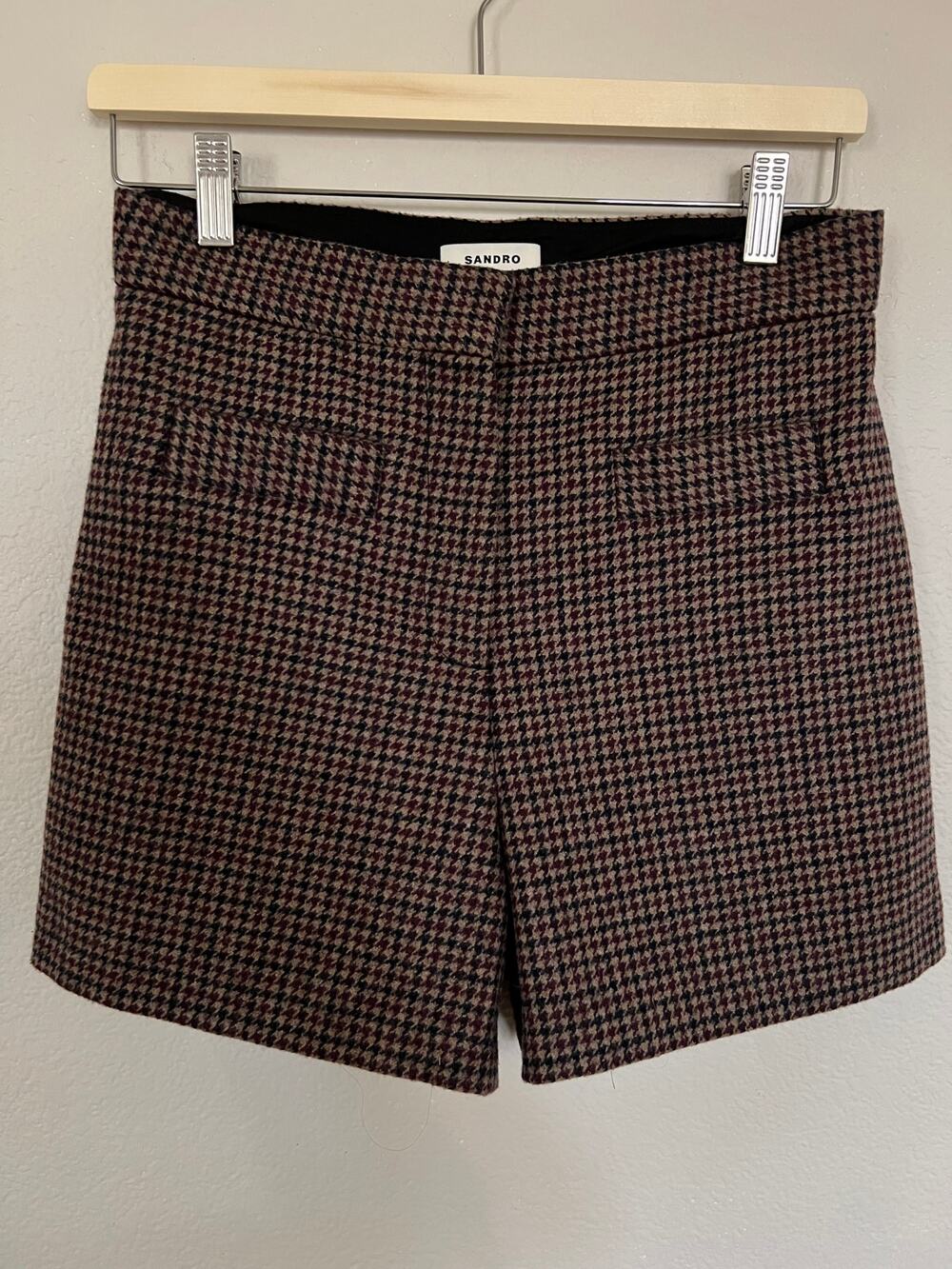 Sandro Paris Andy Wool Blend Shorts Houndstooth Brown Women's Size 38 US 6